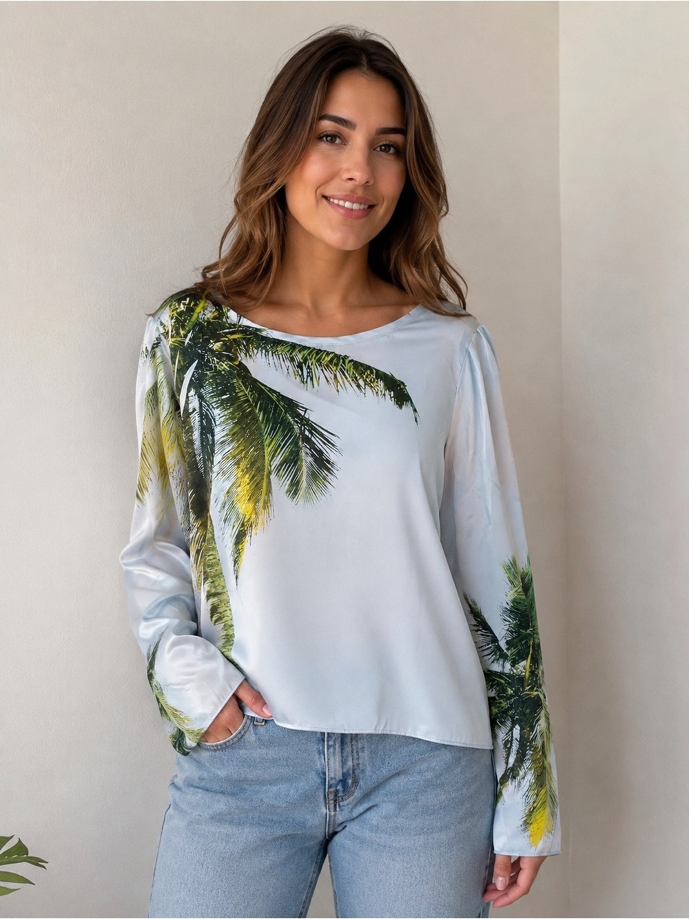 Element Light Blue Palm Print Long Sleeve Top S